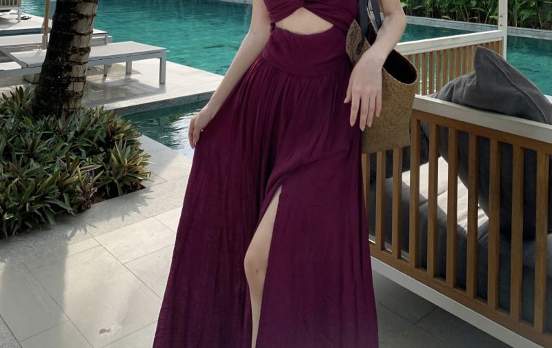 Maxi Cutout Slit A-Line V-Neck Dress Plain Spaghetti Knot Strap