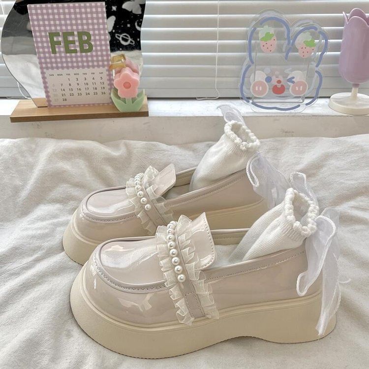 Platform Faux Pearl Accent Frill Trim Patent Leather Loafers