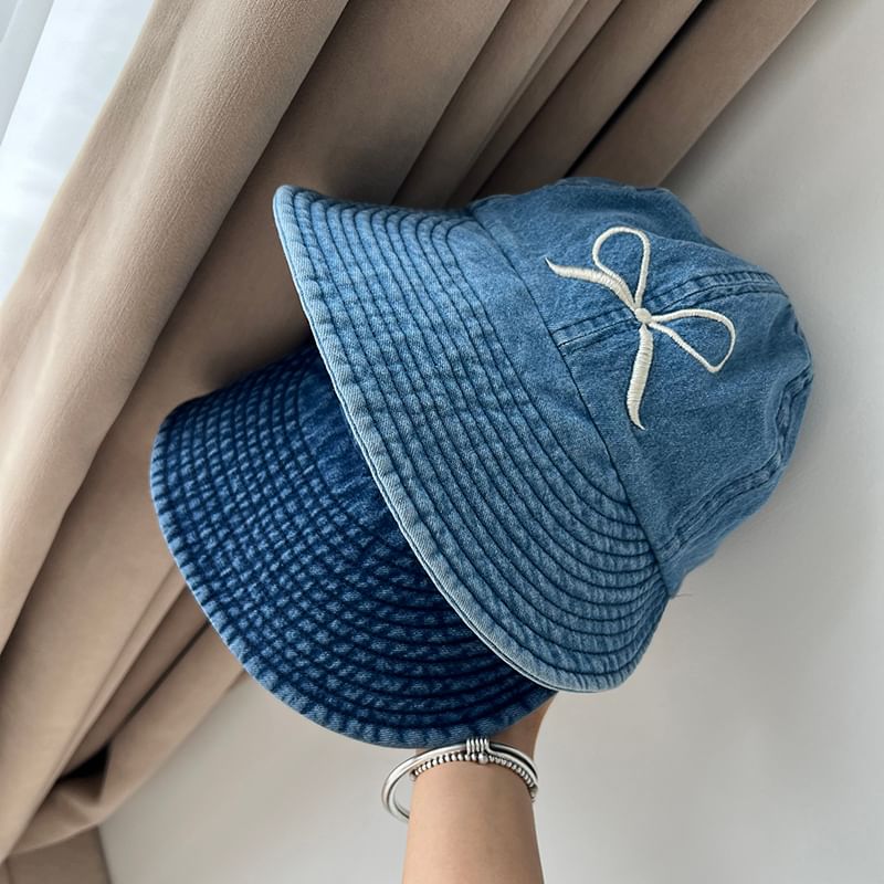 Cap Bow Denim Wide Embroidered Brim Washed