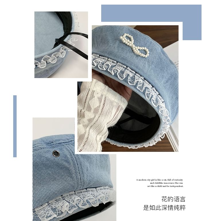Trim Bow Beret Lace Denim Faux Pearl