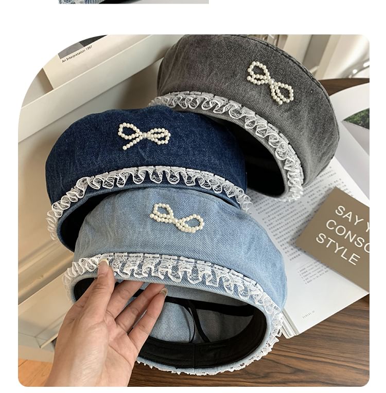 Trim Bow Beret Lace Denim Faux Pearl