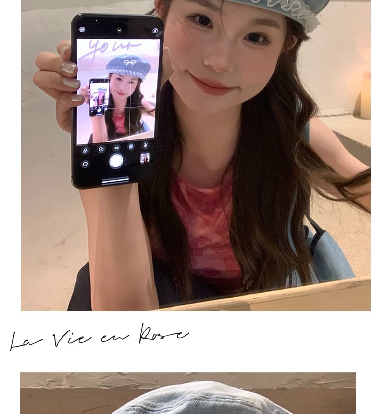 Trim Bow Beret Lace Denim Faux Pearl