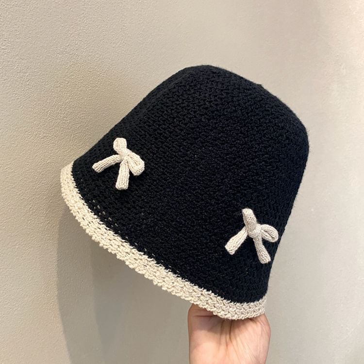Cloche Bow Trim Contrast Knit Hat
