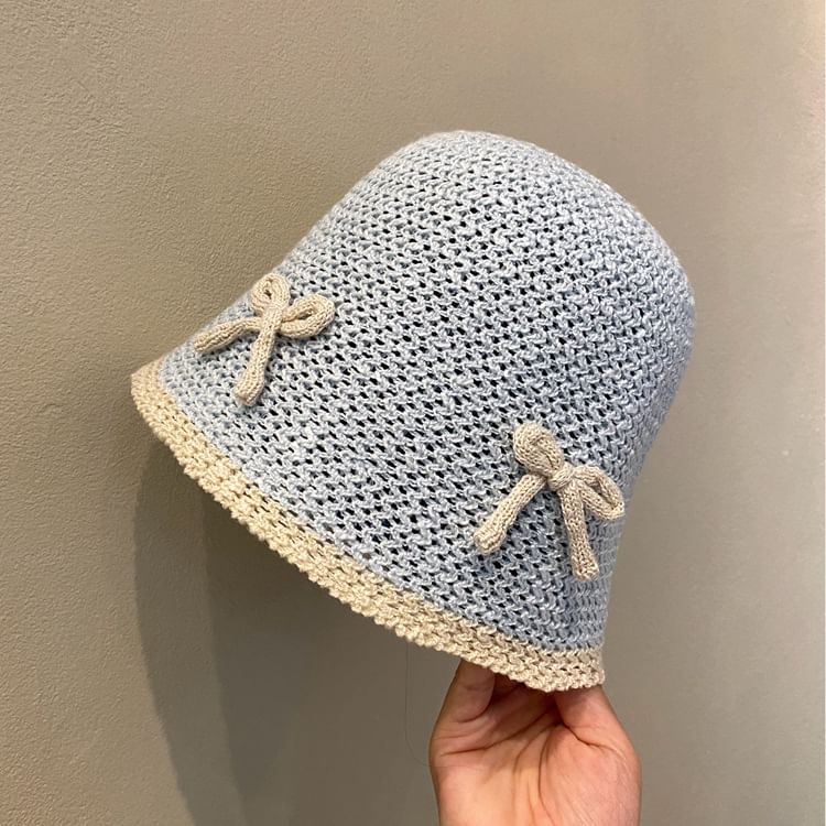 Cloche Bow Trim Contrast Knit Hat
