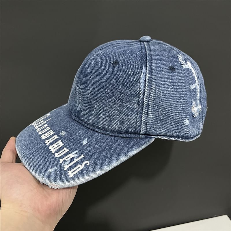 Cap Baseball Denim Lettering Washed Embroidered