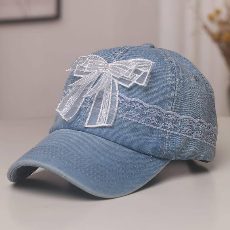 Denim Bow Cap Trim Pearl Lace Faux Baseball