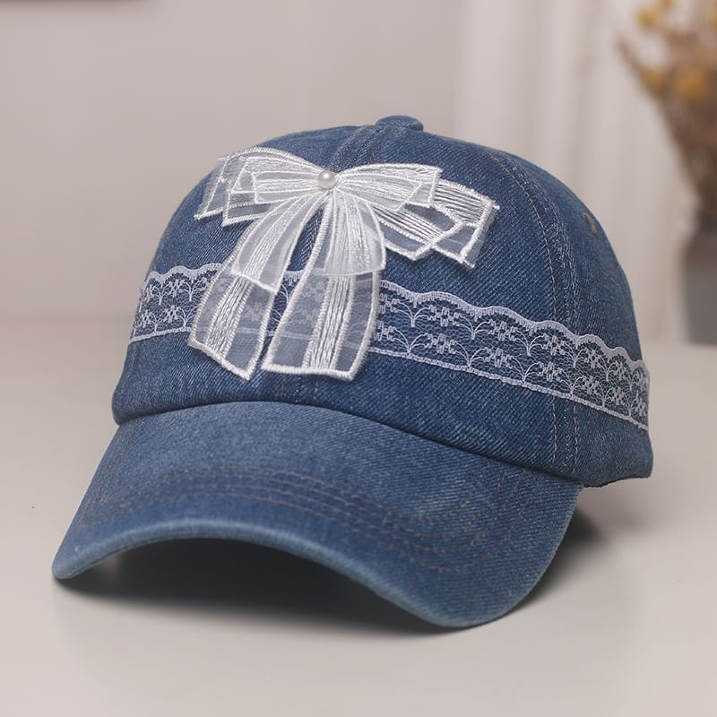 Denim Bow Cap Trim Pearl Lace Faux Baseball