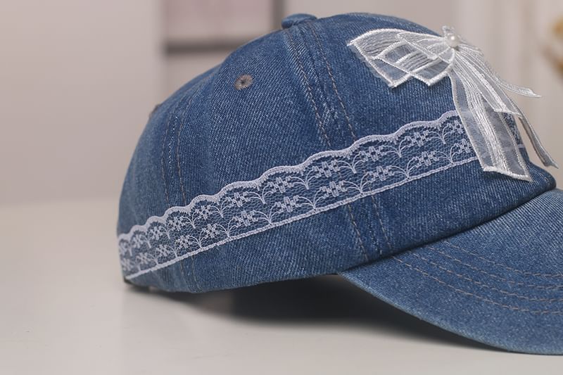 Denim Bow Cap Trim Pearl Lace Faux Baseball