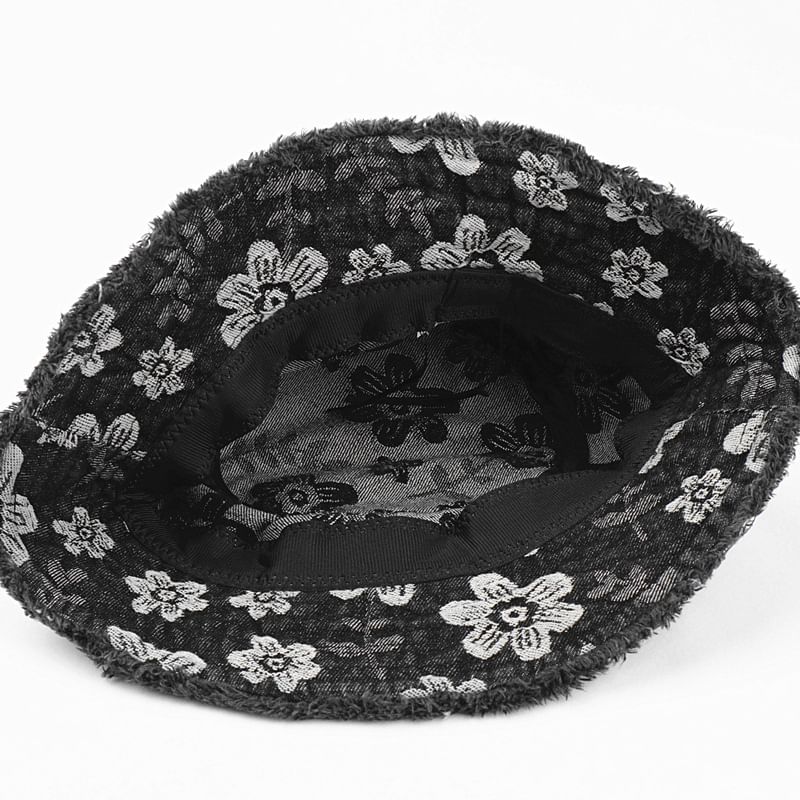 Bucket Print Floral Frayed Denim Hat Washed