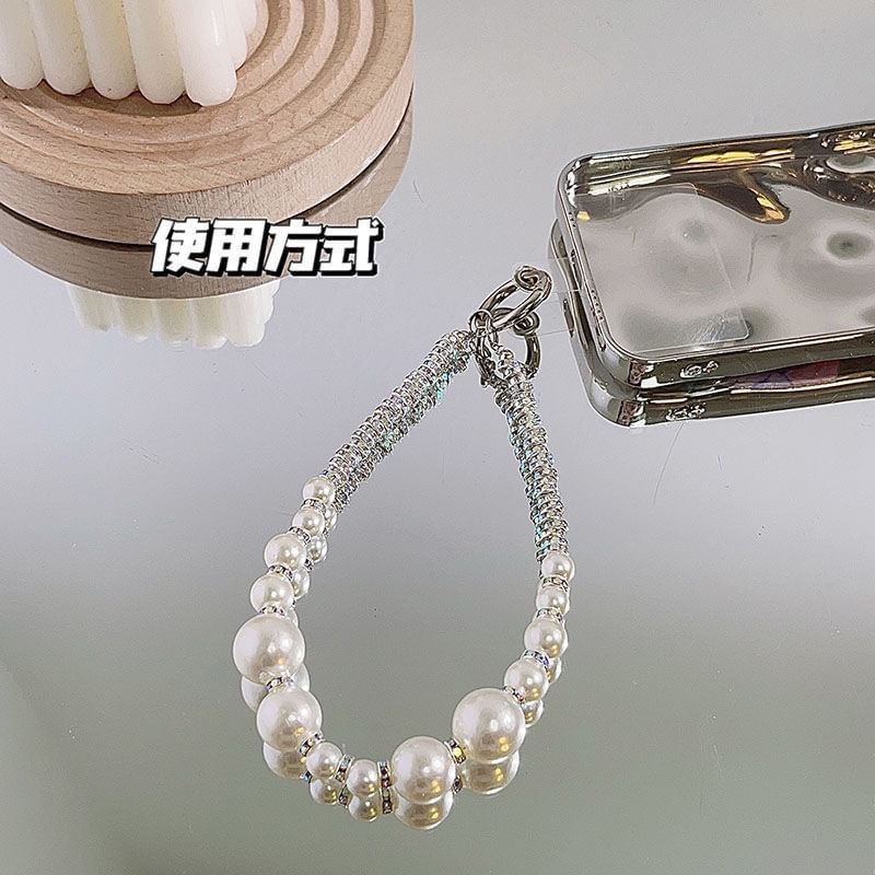 Pad Faux Rhinestone Lanyard Pearl Phone Strap with