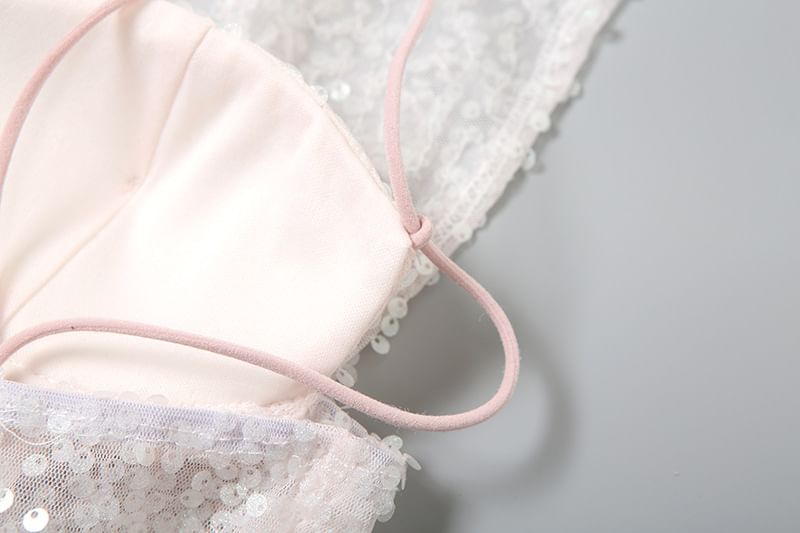 Sequin Top Plain Hooded Mesh Bustier