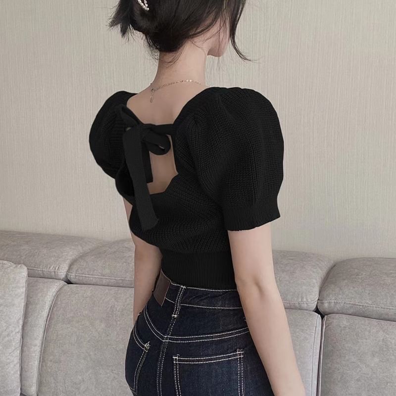 Short-Sleeve Square Neck Plain Bow Back Knit Top