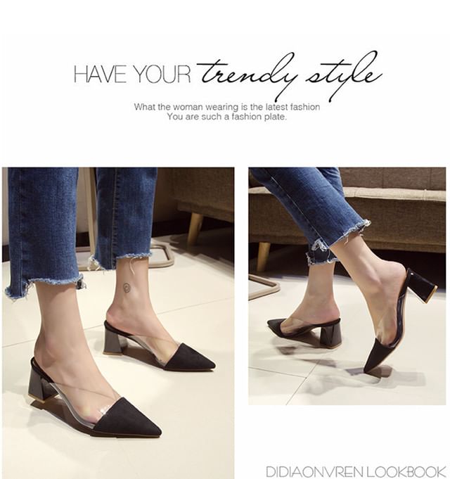 Panel Mules Transparent Toe Block Heel Pointed