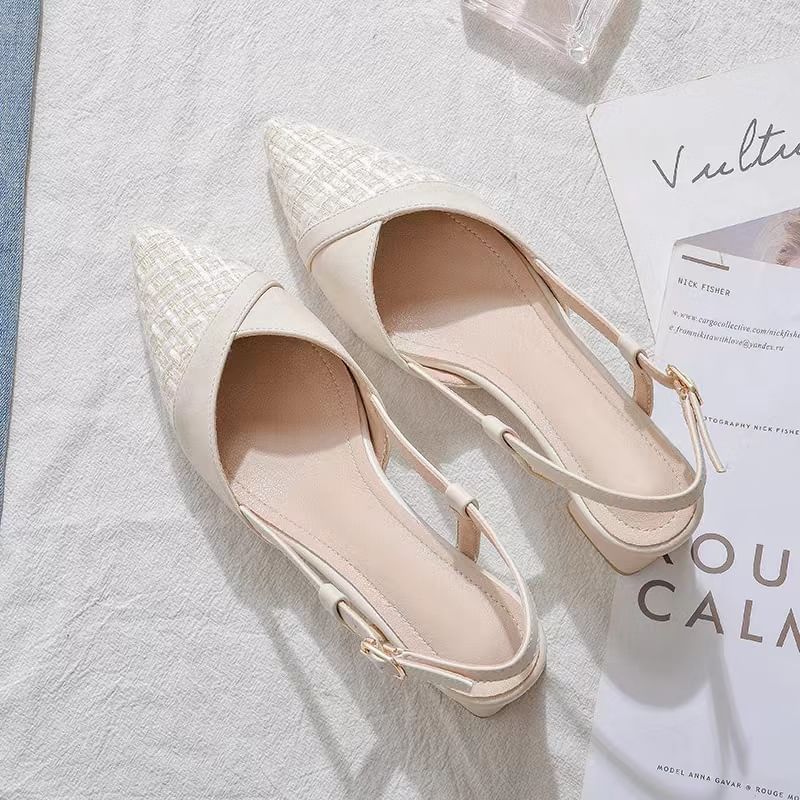 Pointed Slingback Tweed Block Pumps Heel Toe Panel