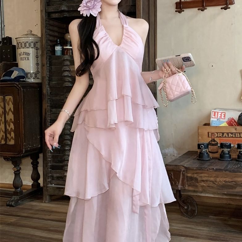 V-Neck A-Line Plain / Flowy Skirt Top Cami Maxi