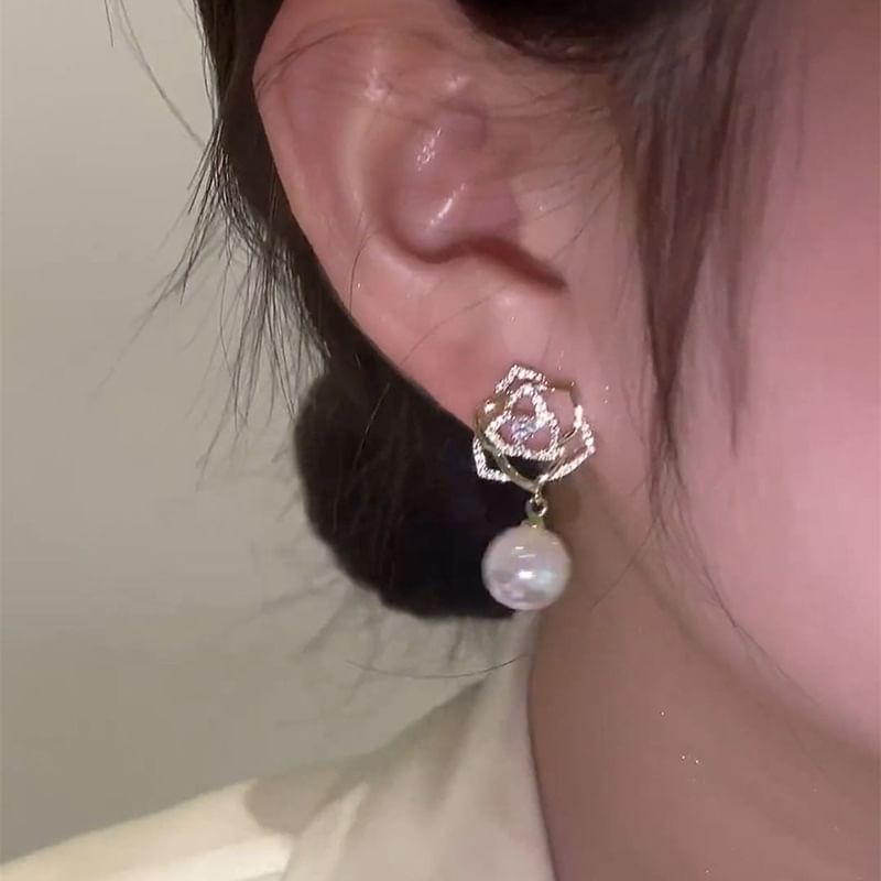 Floral Rhinestone Faux Pearl Drop Earring