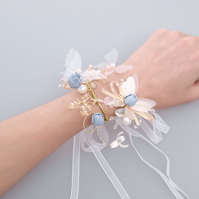 Floral Butterfly Faux Pearl Wrist Corsage