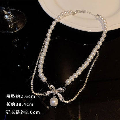 Faux Pearl Pendant Bow Rhinestone Necklace