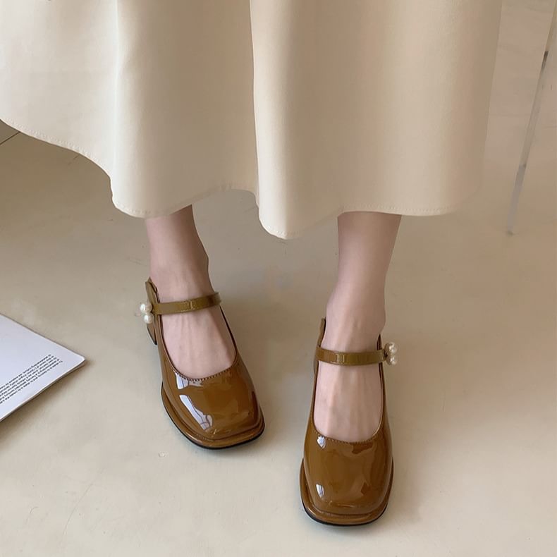 Pumps Pearl Mary Jane Block Heel Faux