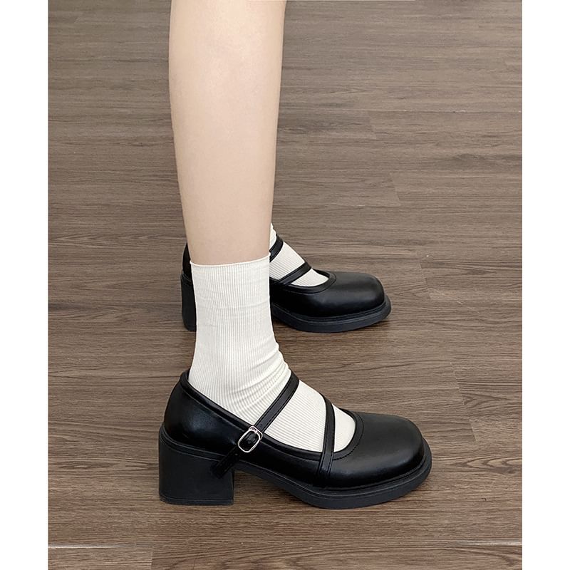 Mary Jane Heel Block Pumps Faux Pearl