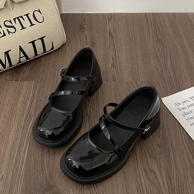 Mary Jane Heel Block Pumps Faux Pearl