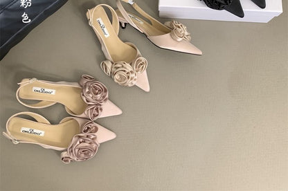 Pointed Toe Flower Slingback Kitten Heel Pumps