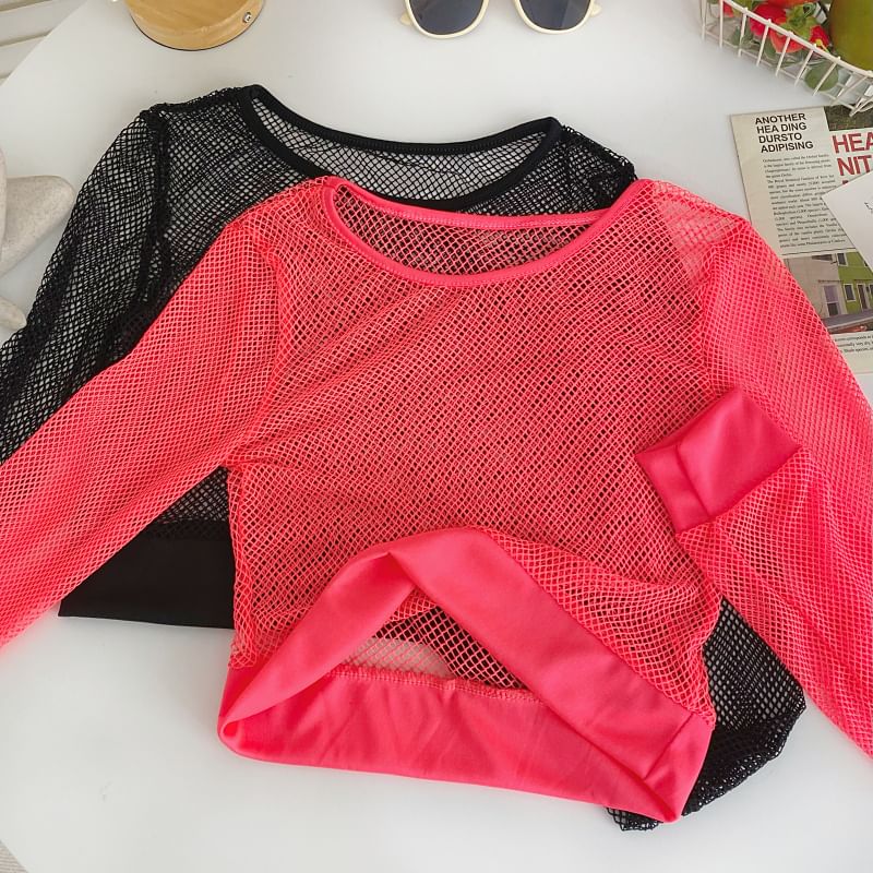 Long-Sleeve Crew Neck Plain Mesh Crop Top