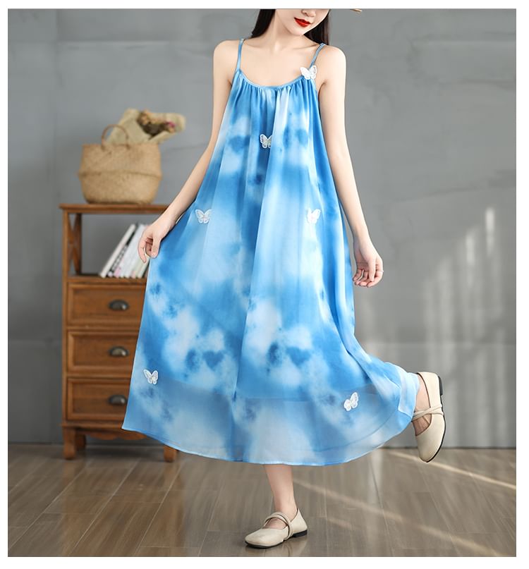 Spaghetti Strap Tie Dye Butterfly Detail Gathered Maxi A-Line Dress