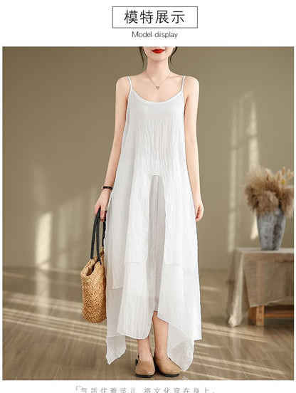 Spaghetti Strap Plain Asymmetrical Maxi A-Line Dress