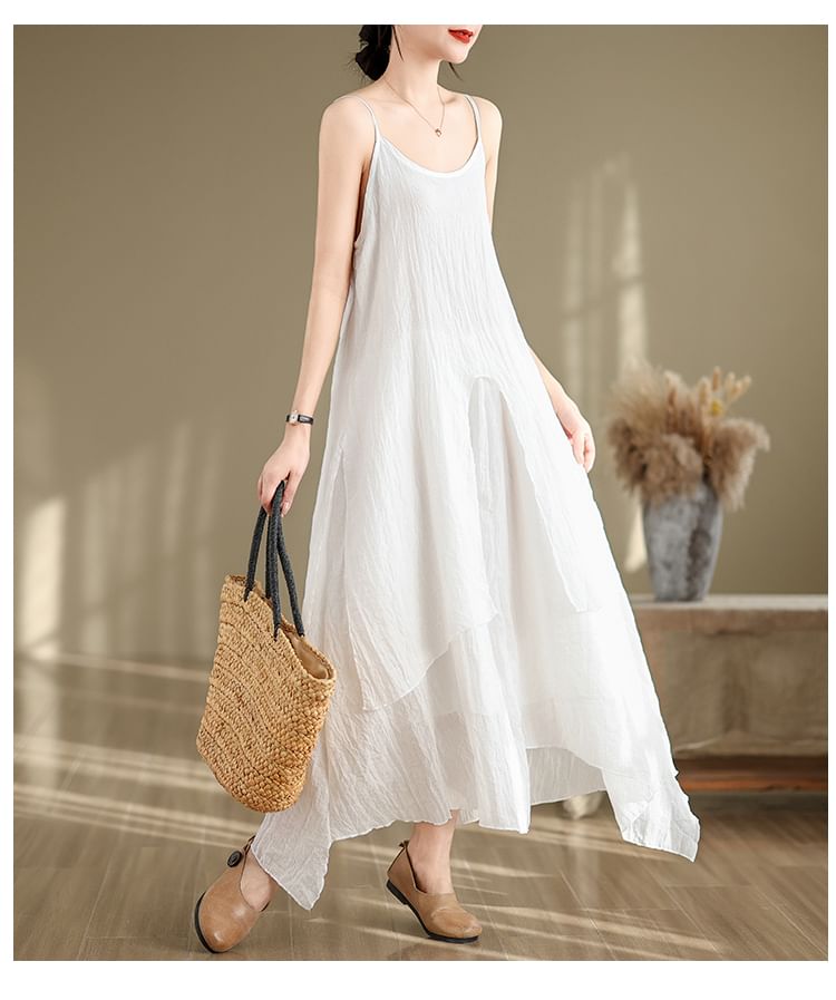 Spaghetti Strap Plain Asymmetrical Maxi A-Line Dress