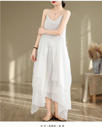 Spaghetti Strap Plain Asymmetrical Maxi A-Line Dress