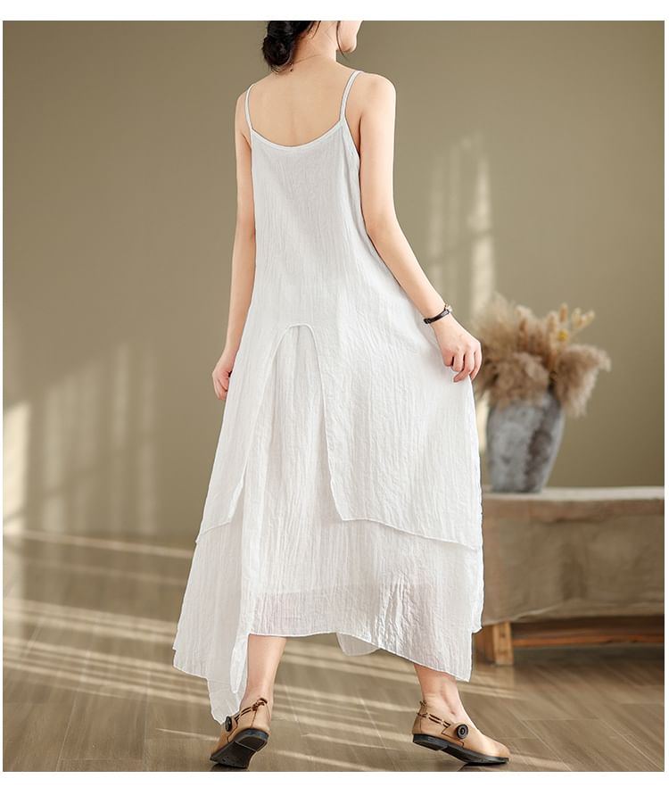 Spaghetti Strap Plain Asymmetrical Maxi A-Line Dress