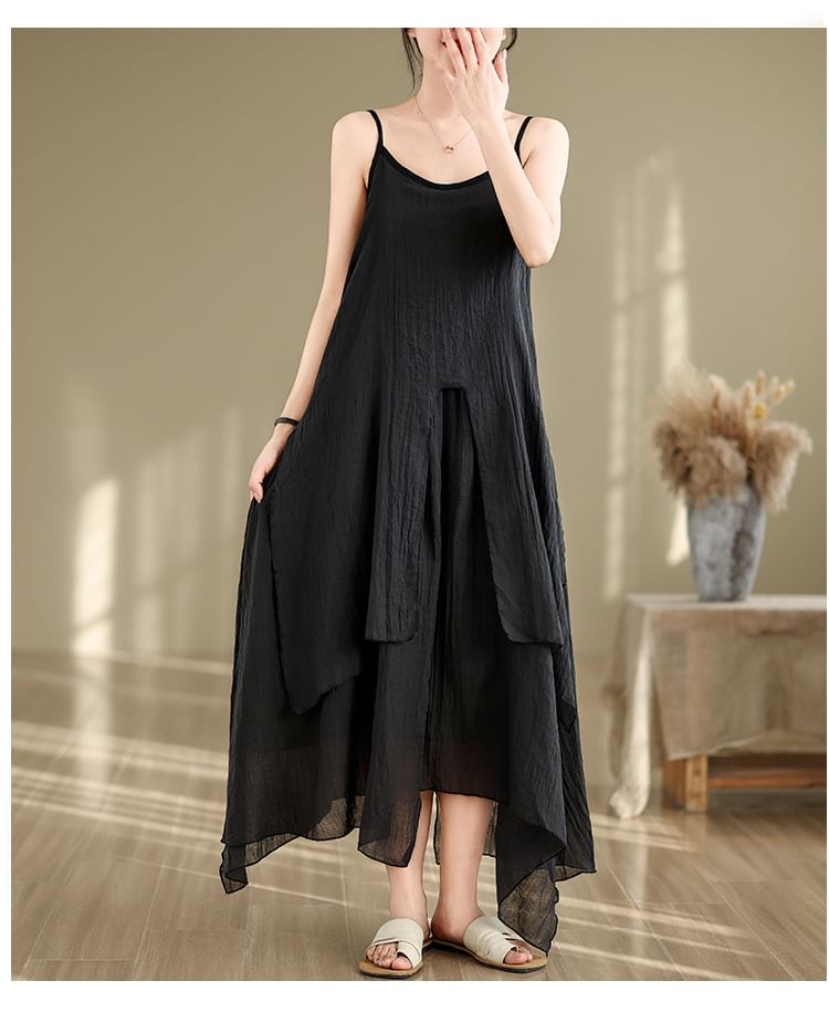 Spaghetti Strap Plain Asymmetrical Maxi A-Line Dress