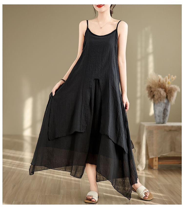 Spaghetti Strap Plain Asymmetrical Maxi A-Line Dress