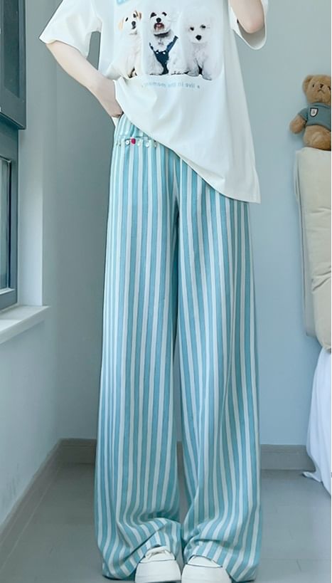 Button Applique High Rise Contrast Stripe Wide Leg Sweatpants