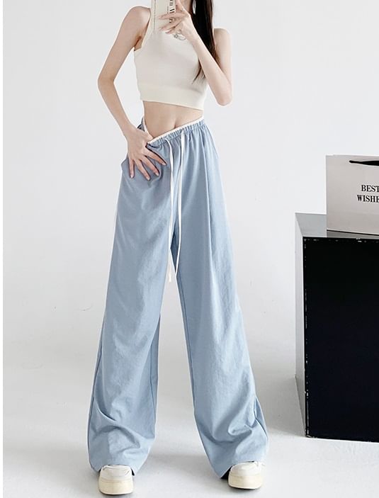 Contrast Panel Drawstring High Rise Wide Leg Sweatpants