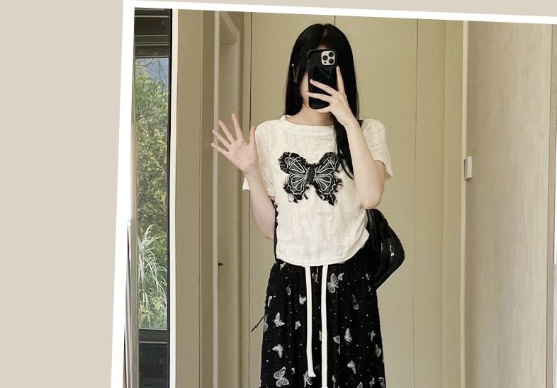 Butterfly Print High Waist Wide Leg Sweatpants