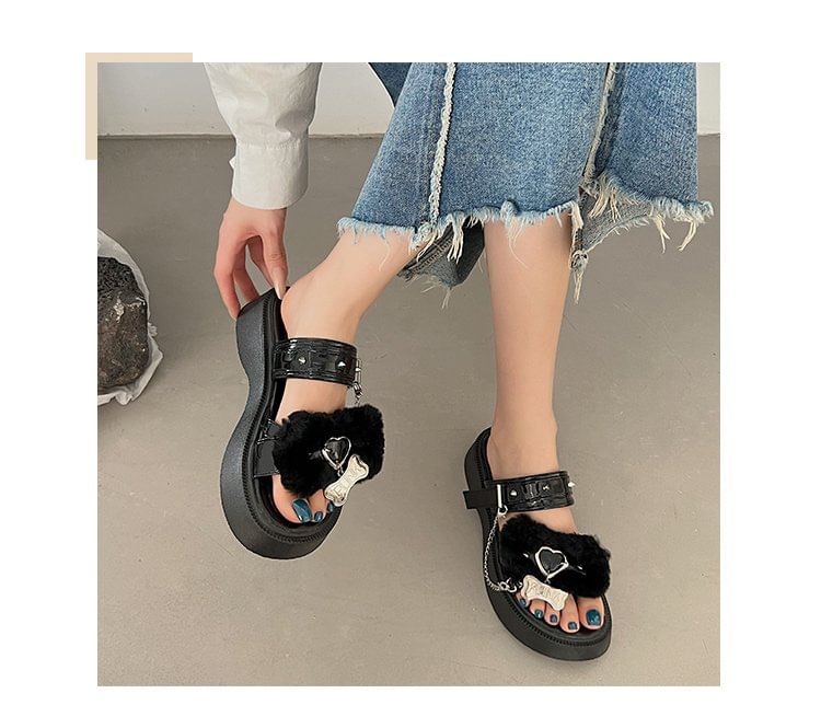 Heart Buckled Studded Platform Slide Sandals