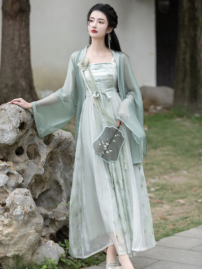 Traditional Chinese Spaghetti Strap Print Faux Pearl Midi A-Line Dress / Light Jacket / Flower Brooch