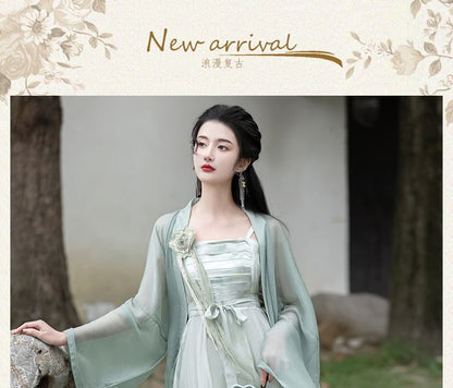 Traditional Chinese Spaghetti Strap Print Faux Pearl Midi A-Line Dress / Light Jacket / Flower Brooch