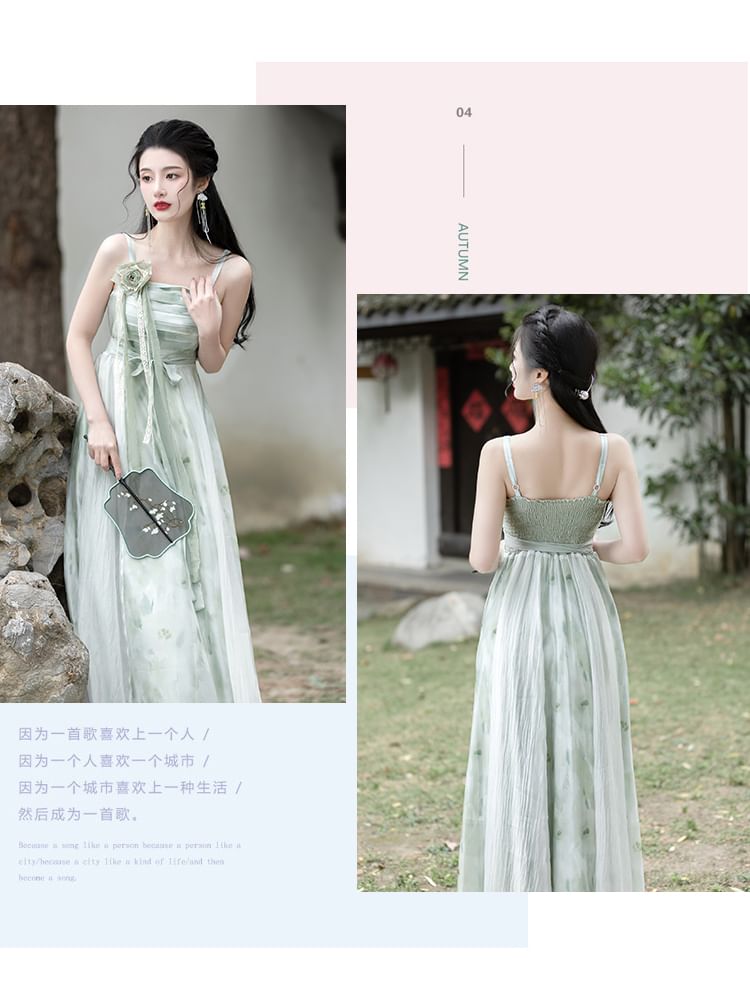 Traditional Chinese Spaghetti Strap Print Faux Pearl Midi A-Line Dress / Light Jacket / Flower Brooch