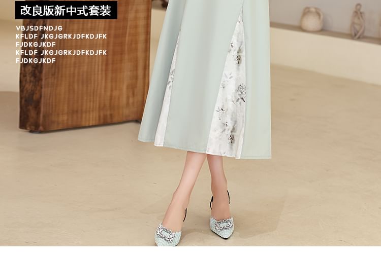 Set: Short-Sleeve Mandarin Collar Floral Panel Frog Button Cropped Blouse + High Waist Midi A-Line Skirt