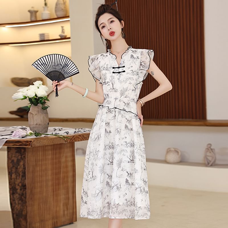 Cap-Sleeve Print Frog Button Midi A-Line Dress