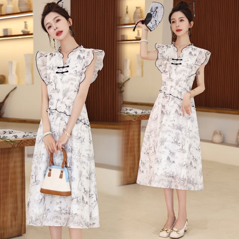 Cap-Sleeve Print Frog Button Midi A-Line Dress