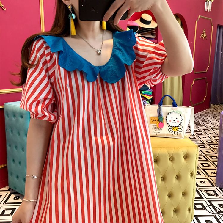 Short-Sleeve Ruffle Striped Maxi A-Line Dress