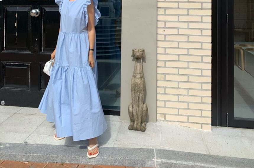 Short-Sleeve Ruffle Plain Maxi A-Line Dress