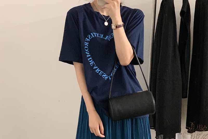 Short-Sleeve Crewneck Lettering Tee / High Rise Midi Pleated Skirt