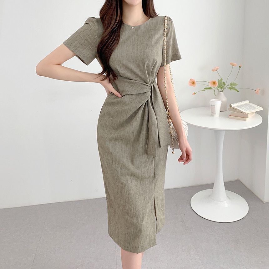 Short-Sleeve Crewneck Sashed Plain Midi Sheath Dress