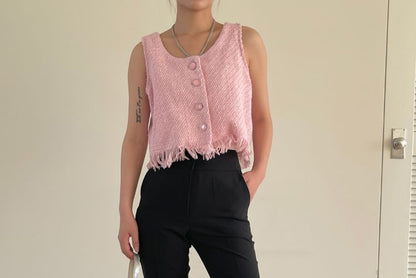 U-Neck Button-Up Plain Crop Vest