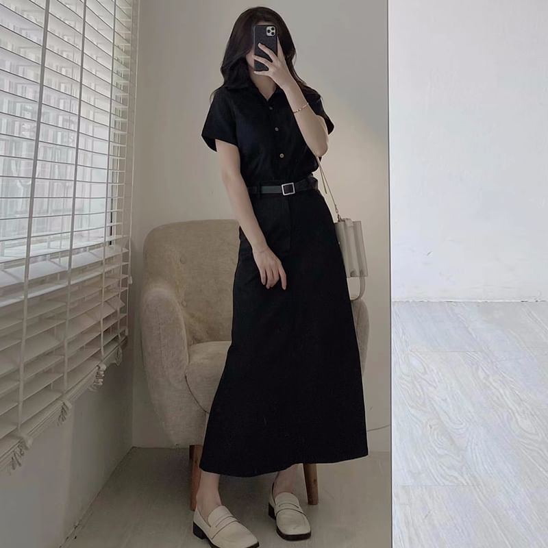 Short-Sleeve Plain Shirt / High Rise Maxi A-Line Skirt / Belt / Set